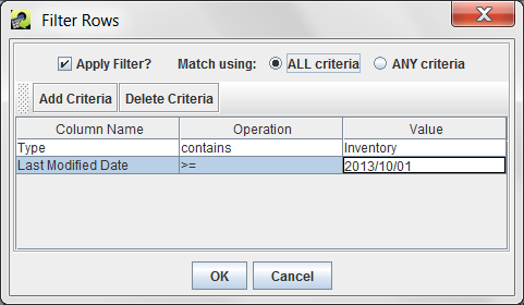 Filter Rows dialog with 2 rules