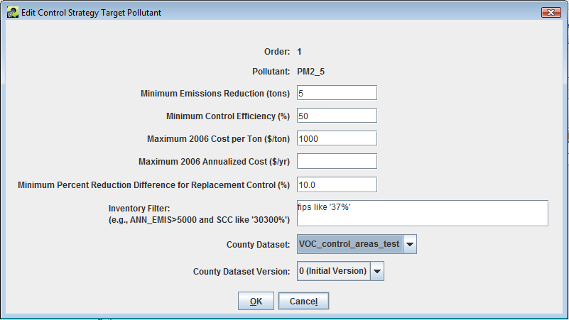 Figure 4-15: Edit Target Pollutant Dialog of Edit Control Strategy Window