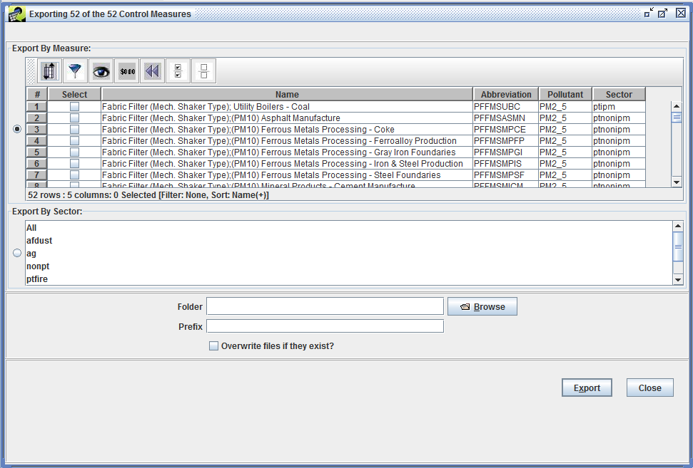 Figure 3-29: Exporting Control Measures Dialog