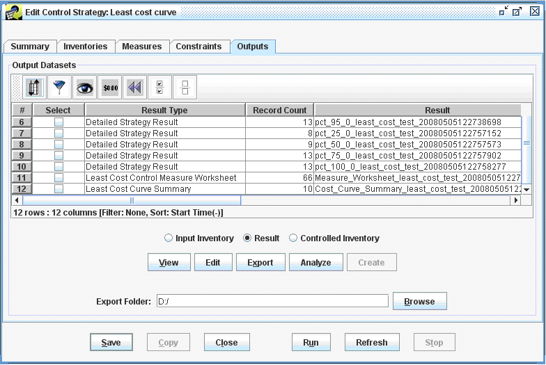 Figure 4-17: Sample Outputs Tab for a Least Cost Curve Strategy