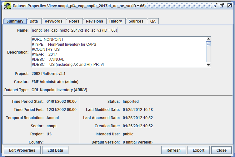 Figure 4-8: Dataset Properties View Window for an Emissions Inventory