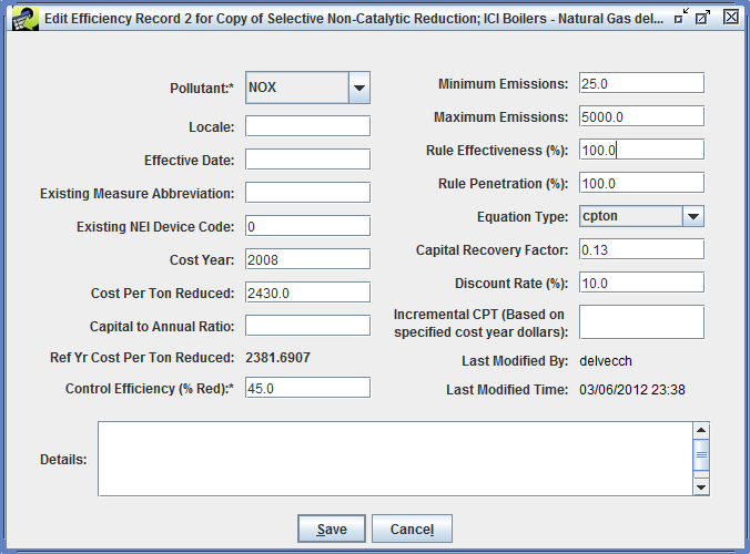 Figure 3-20: Edit Efficiency Record Window