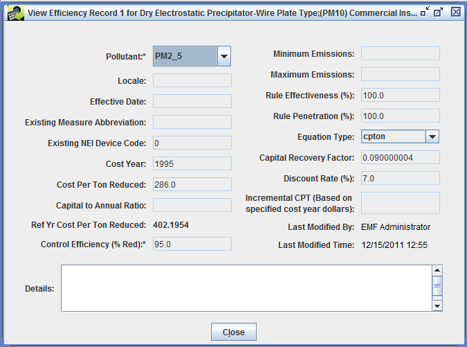 Figure 3-11: View Efficiency Record Window