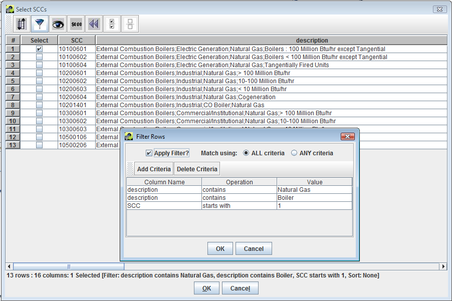 Figure 57: Select SCCs and Filter Rows Dialogs