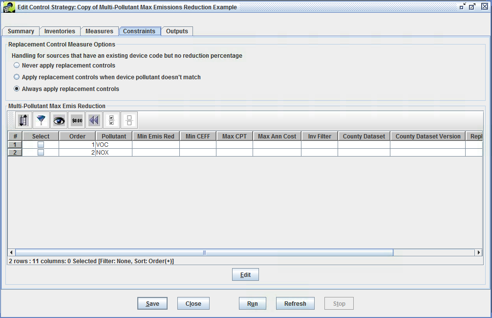 Figure 4.16: Constraints Tab (for Multi-Pollutant Maximum Emission Reduction strategy type) of Edit Control Strategy Window