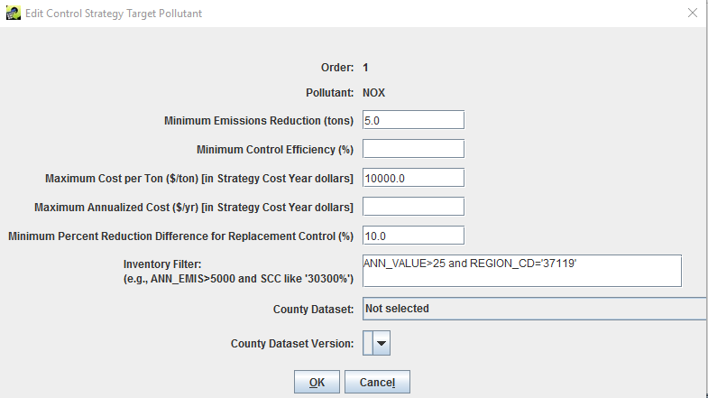 Figure 4.17: Edit Target Pollutant Dialog of Edit Control Strategy Window