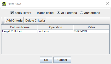 Figure 4.4: Filter Rows to Show Only Strategies Targeting PM25-PRI