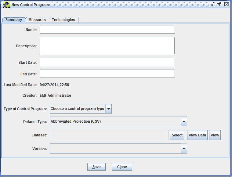 Figure 7.3: New Control Program window