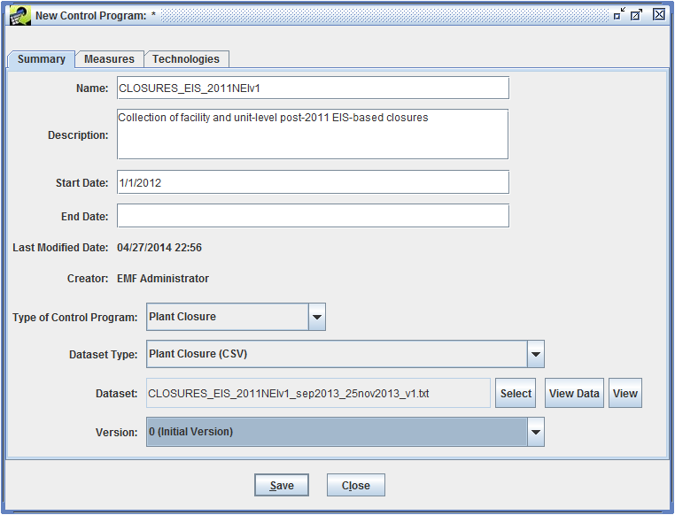 Figure 7.5: New Control Program window with data entered