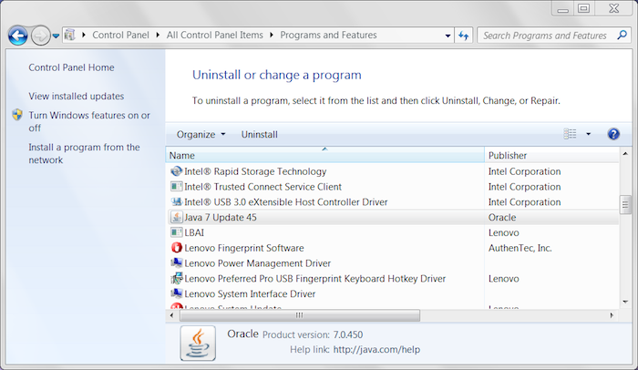 Figure 2.1: Programs and Features Control Panel