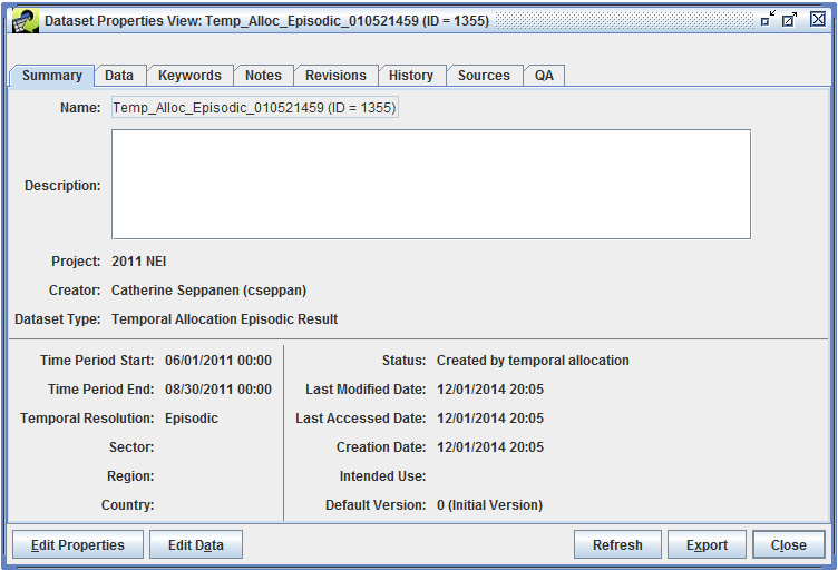 Figure 6.27: Dataset Properties View for episodic result dataset