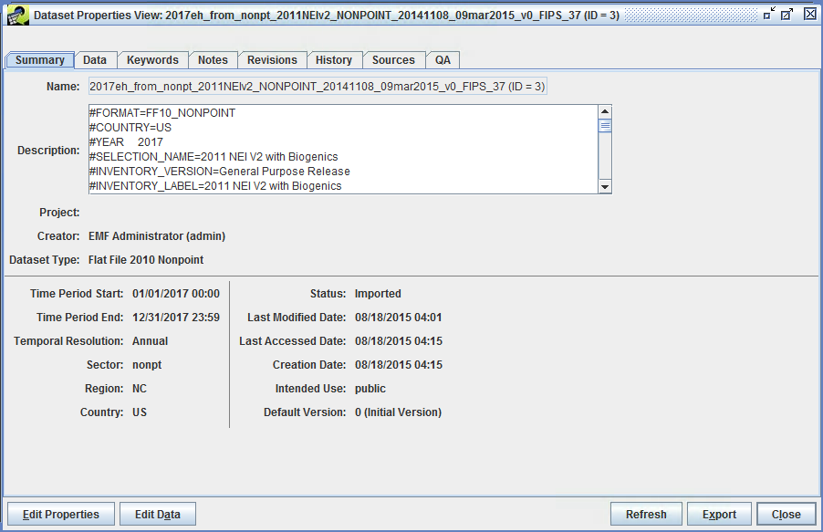 Figure 4.10: Dataset Properties View Window for an Emissions Inventory