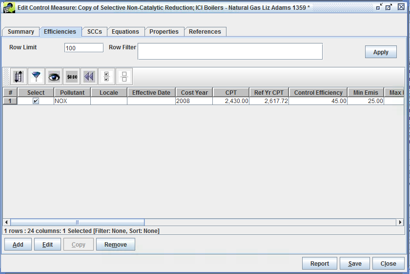 Figure 3.19: Efficiencies Tab of Edit Control Measure Window