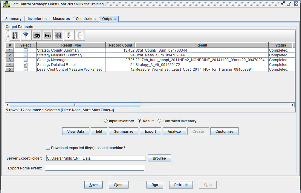 Figure 4.18: Outputs Tab of Edit Control Strategy Window for Least Cost Strategy