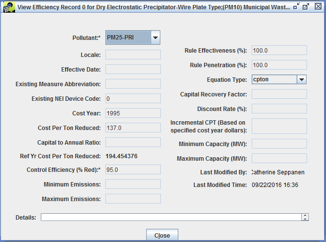 Figure 3.11: View Efficiency Record Window