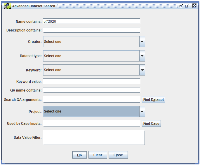 Figure 3.6: Using the Advanced Search on the Dataset Manager