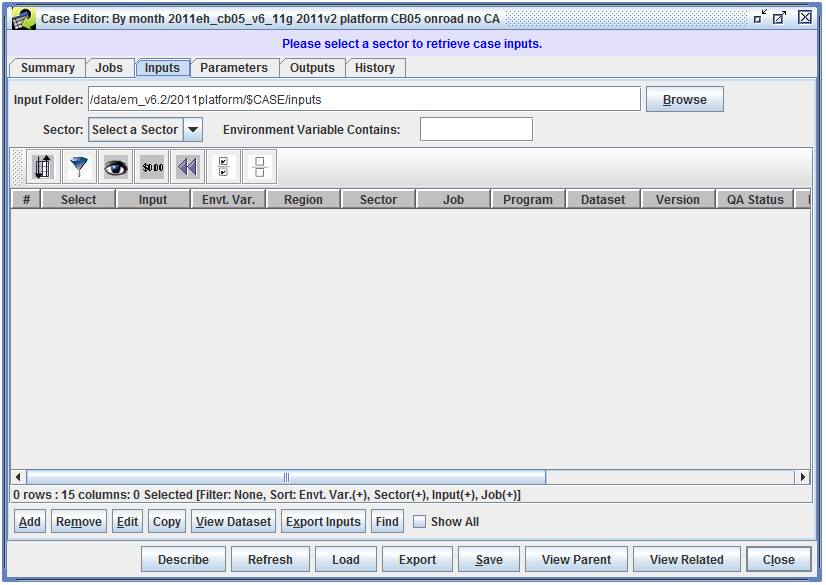 Figure 5.13: Case Editor - Inputs Tab (Initial View)