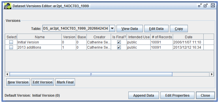 Figure 3.20: Dataset Versions Editor