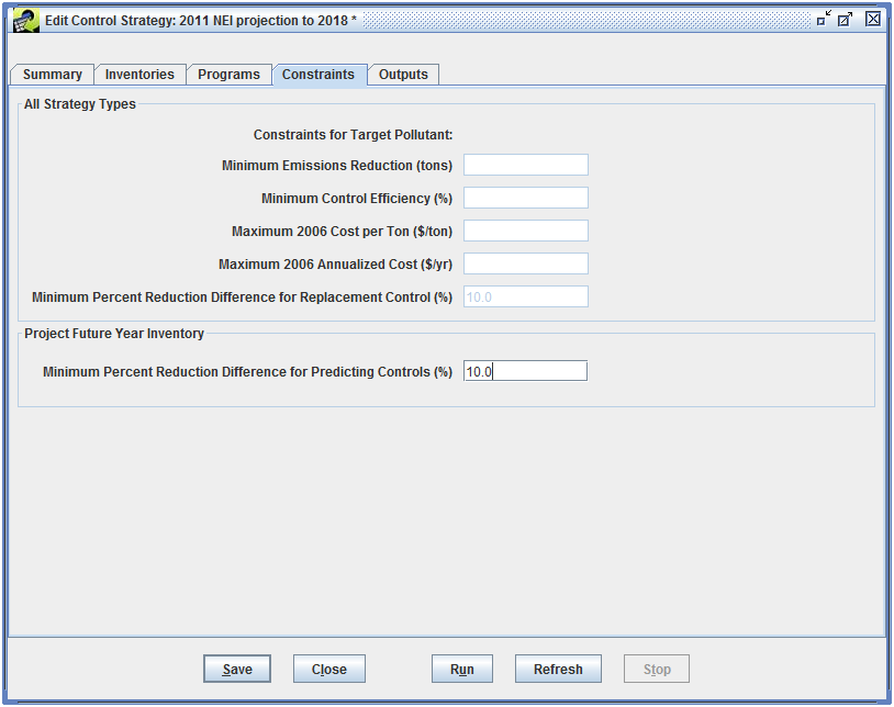 Figure 7.15: Project Future Year Inventory Constraints tab