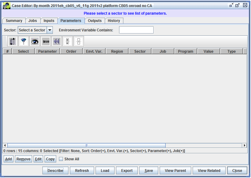 Figure 5.18: Case Editor - Parameters Tab (Initial View)