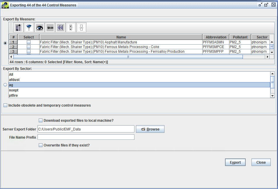 Figure 3.29: Exporting Control Measures Dialog