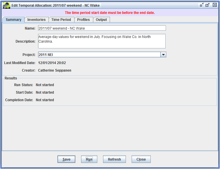 Figure 6.22: Temporal allocation run error