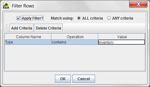 Filter Rows dialog