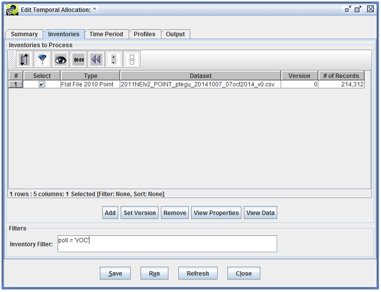 Inventories tab with filter