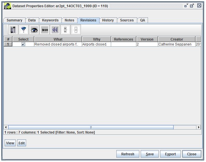 Figure 3-15: Dataset Properties Editor - Revisions Tab