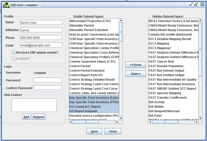 Figure 3-36: Edit User Profile - Hide Dataset Types