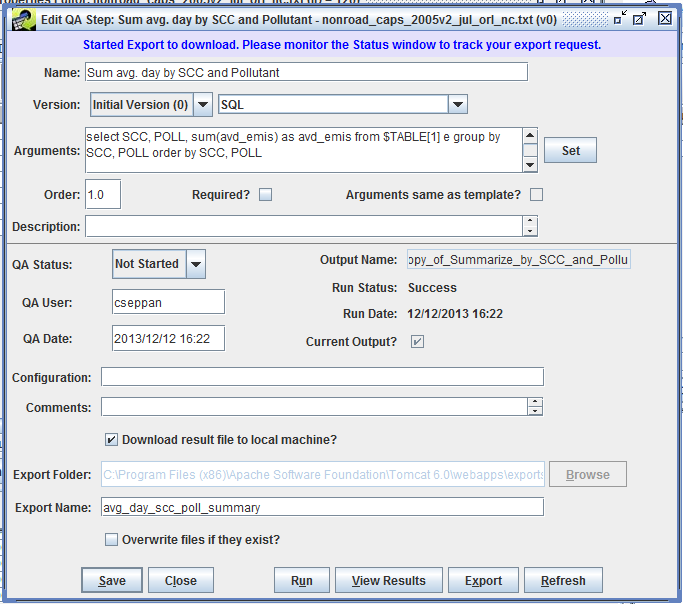 Figure 4-13: Export QA Step Results Started