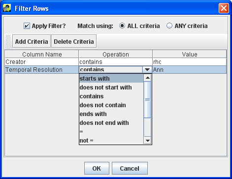 Figure 2-31: Filter Rows Dialog