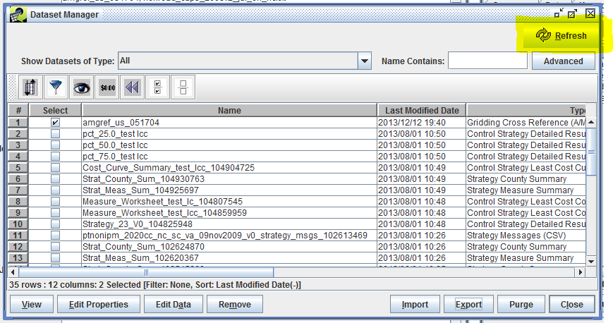 Figure 2-22: Refresh button in the Dataset Manager window