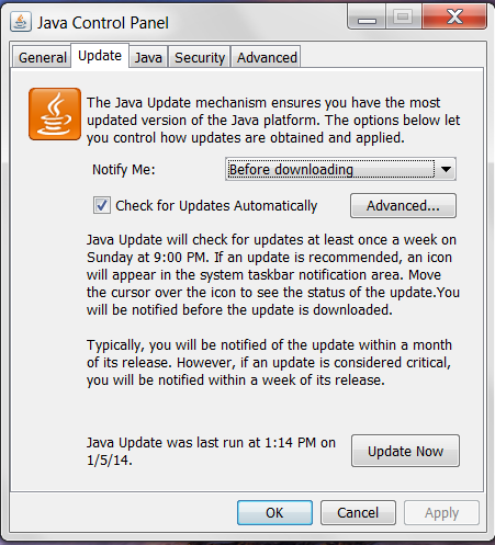 Figure 2-4: Java Control Panel: Update Tab