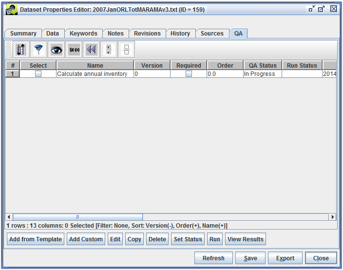 Figure 4-25: Dataset Editor QA Tab for Selected Dataset