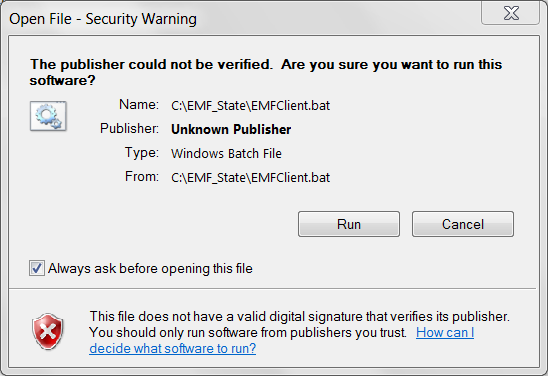Figure 2-8: EMF Client Security Warning